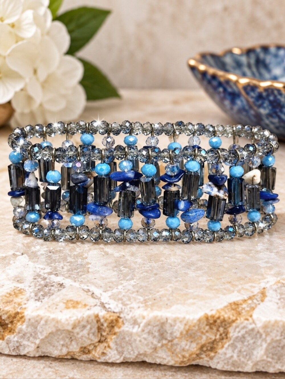 Dusty Blue Gray Faceted Glass Square Tube Beads Natural Stone Stretch Bracelet